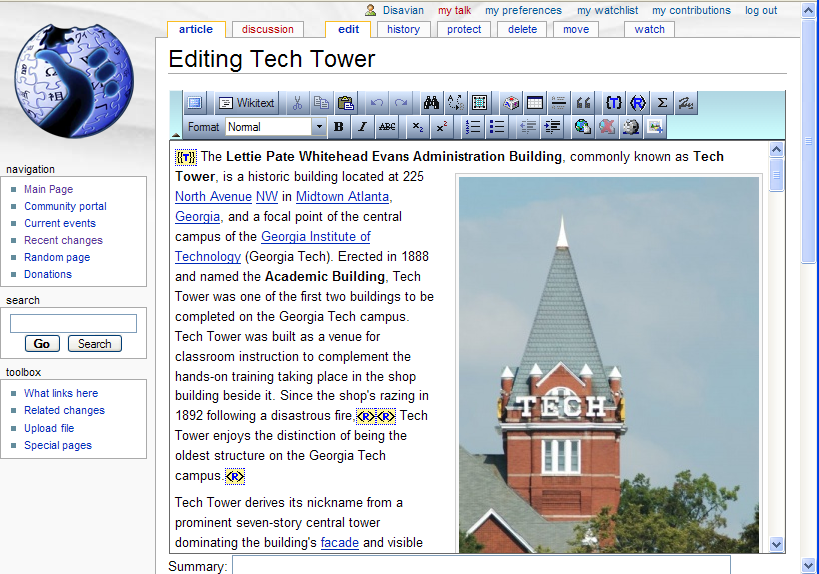 WYSIWYG editor interface featuring a copy of the Tech Tower article